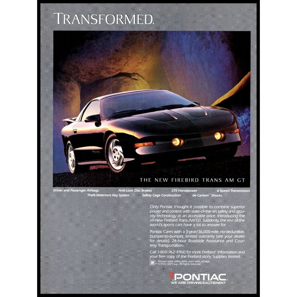 1994 Pontiac Firebird Trans Am GT Coupe Vintage Print Ad Man Cave Wall Art